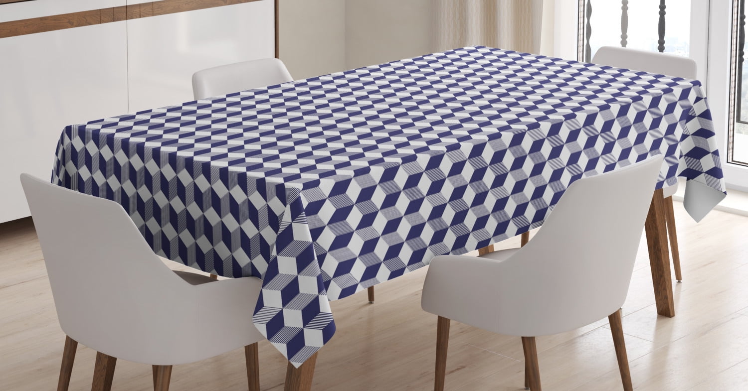Navy Blue Tablecloth, Abstract Cube Striped Geometric Three Dimension