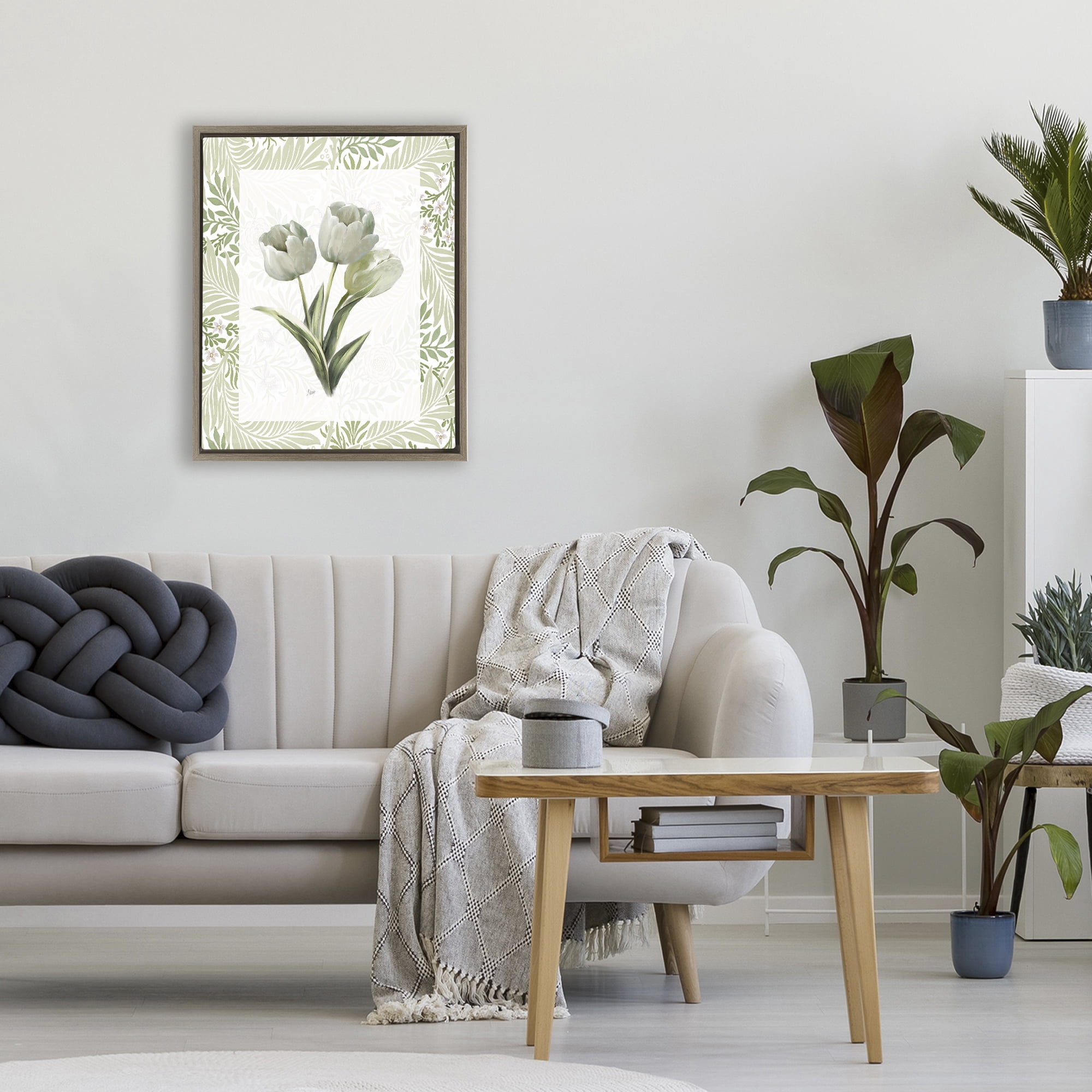 Stupell Industries Pale Green Tulip Trio Brown Framed Floater Canvas Wall Art, design by Nan