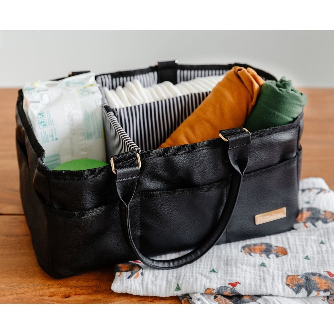 Sleepy Panda Vegan Leather with Adjustable Compartments and Exterior Pockets Stylish, Durable, and Easy-to-Carry Nursery Organizer Diaper Caddy
