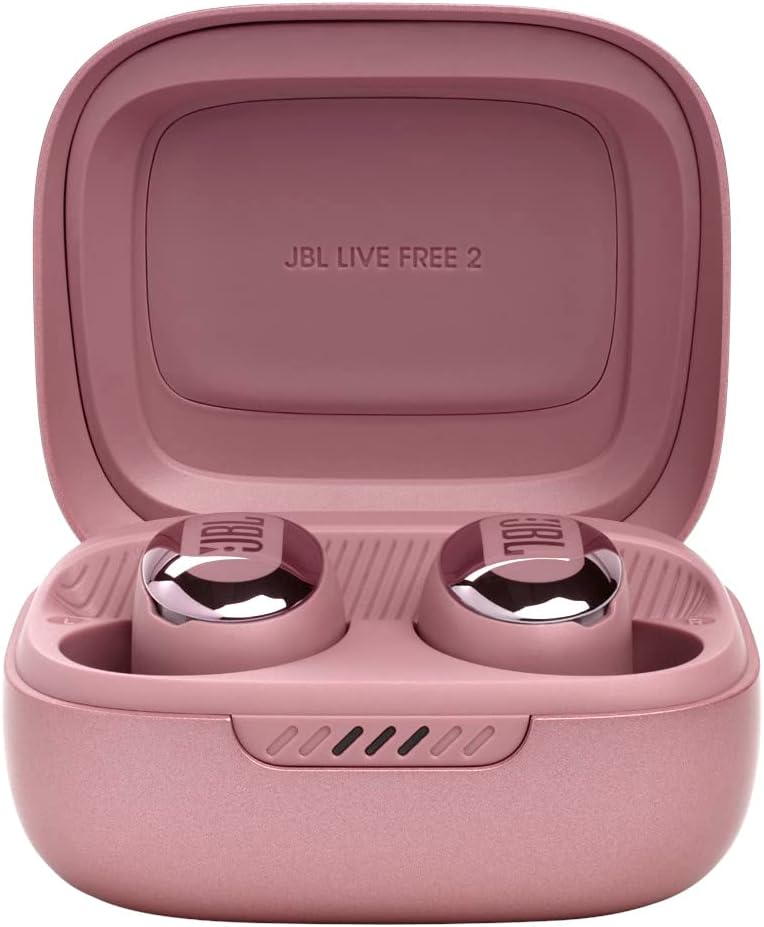 Open Box JBL Live Free 2 - True Wireless Noise Cancelling Earbuds, Up to 35hrs of Playtime, 6 mics for Perfect Calls with Zero Noise, IPX5 Waterproof, Oval Tubes for Better Comfort, Isolation, & bass (Rose)