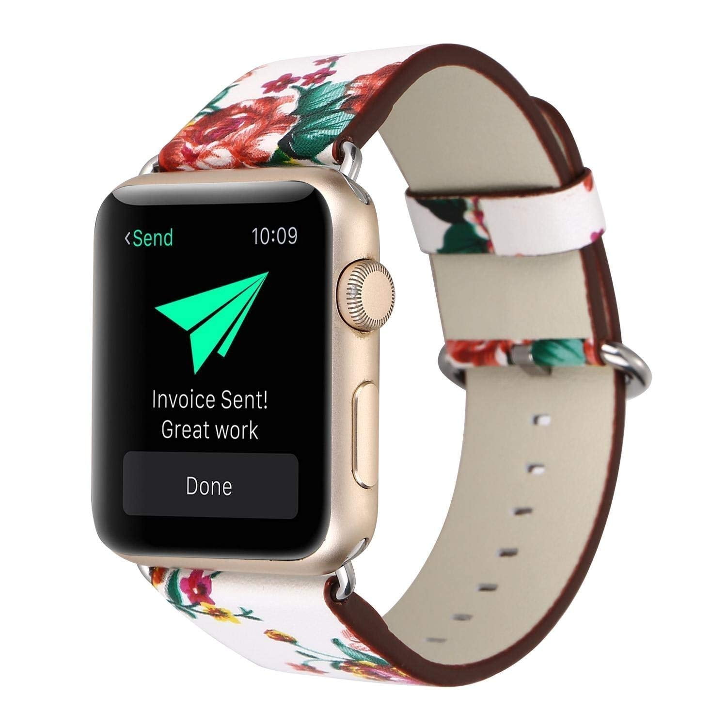 SPYCASE For Apple Watch 38mm/40mm Series SE/6/5/4/3/2/1 Bracelet Floral  Printed Leather Watch Band (White+Red Rose)