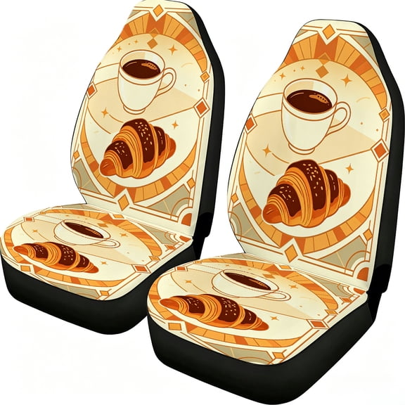 Odenmar Coffee and Croissant Car Seat Covers, 2-Piece Front Seat Mesh Fabric Protectors, Universal Fit for Cars Trucks Vans Suvs