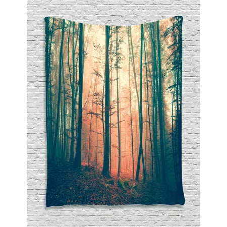 Coral Wall Hanging Mystic Tapestry, Pale and Vintage Color in Mysterious Autumn Forest Woodland Nature Picture, Wall Hanging for Bedroom Living Room Dorm Decor, Coral Dark Green, by Ambesonne ()