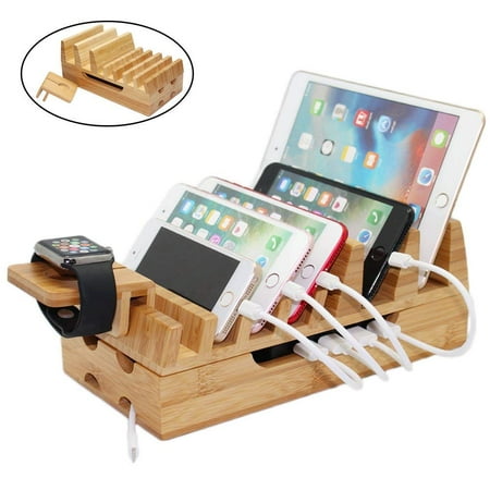 Bamboo Wood Charging Station, Docking Stations Organizer Stand for Multiple Devices Charge for iPhone, Tablets, Laptop, iPad, Phones, Apple Watch (Without Hub Adapter and Cables) (The Best Docking Station For Laptop)