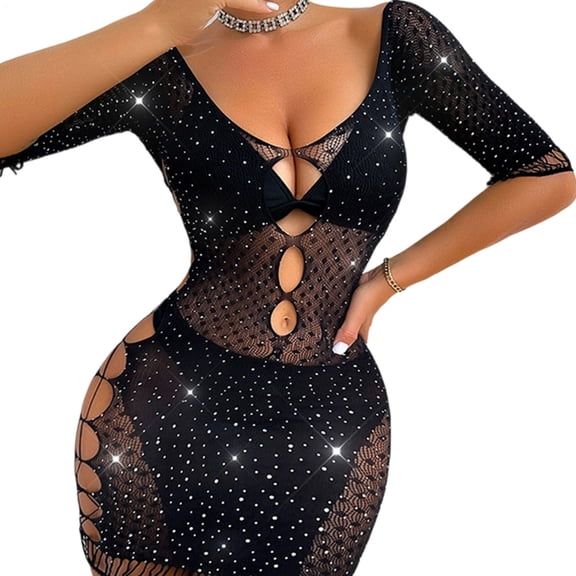 Ankishi Fishnet Bodysuit for Women Rhinestone Sheer Sexy Glitter Lingerie Party Mesh Bodysuit for Party Club Dating
