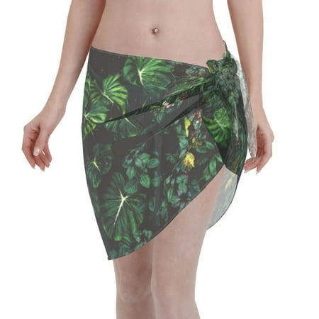 Adobk Women Beach Sarong Bathing Suit Lush Foliage Green Plant Print Wrap Skirt Sheer Bikini Swimsuit Cover Ups For Swimwear