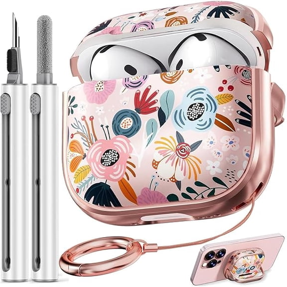 wonima06 with Safety Lock for AirPods 4 Case Cover 2024,Floral Cute AirPod 4th Generation Case for Women Girly with Cleaner Kit and Keychain- Pink Berry Flower