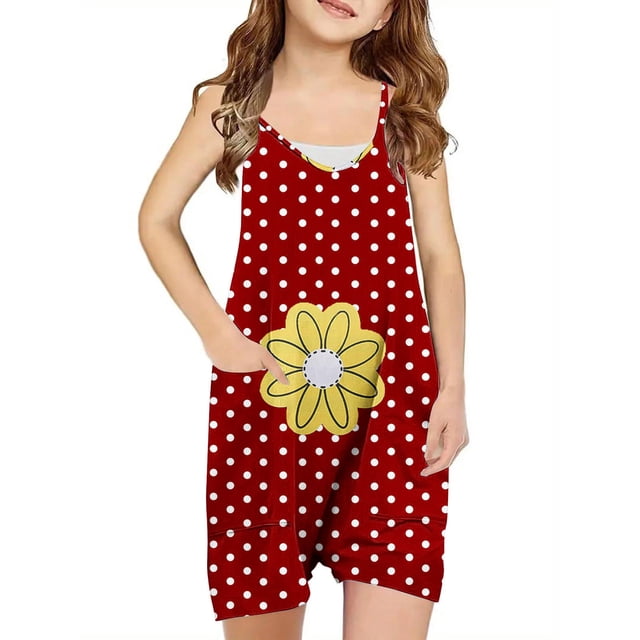 Odeerbi 5-13 Años Niñas Traje de Verano Puntos Flor Impresión Camisola Romper Casual Respirable Cómodo Suspender Overalls Bib Total Shorts Con Bolsillos
