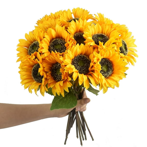 8pcs Artificial Sunflower Flowers Long Stem Large Silk Sunflowers Bridal Wedding Bouquet Fake Yellow Flower Arrangements for Outdoor