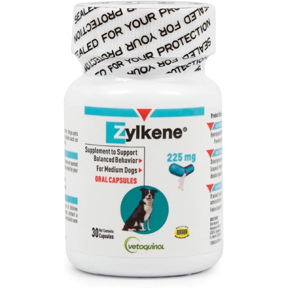 Vetoquinol Zylkene Behavior Support Capsules for Dogs & Cats, 225mg, 30ct - Calming Natural Milk Protein Supplement - Help Pets Cope with Change & Noise-Related Stress - Non-Drowsy - Lactose-Free