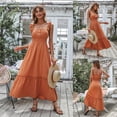 thumbnail image 3 of Women Summer Ruffle Spaghetti Strap Maxi Long Flowy Dress Solid Color Buttons Shirred Elastic Waist Pleated Flare Hem Sleeveless Beach Sundress, 3 of 12