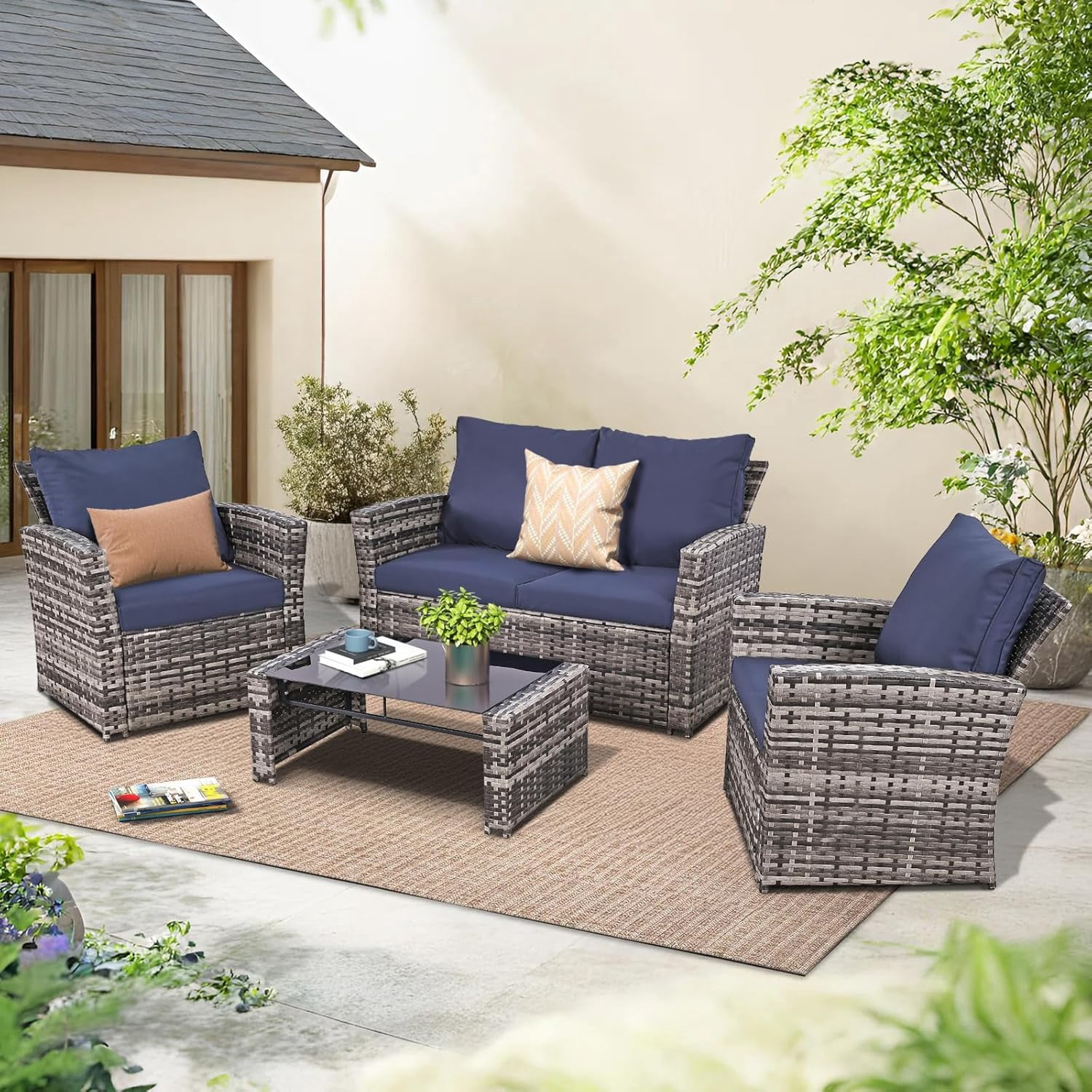 Ainfox 4-Piece Blue Outdoor Wicker Patio Furniture Set, Rattan Sectional Sofa with Cushions & Glass Table