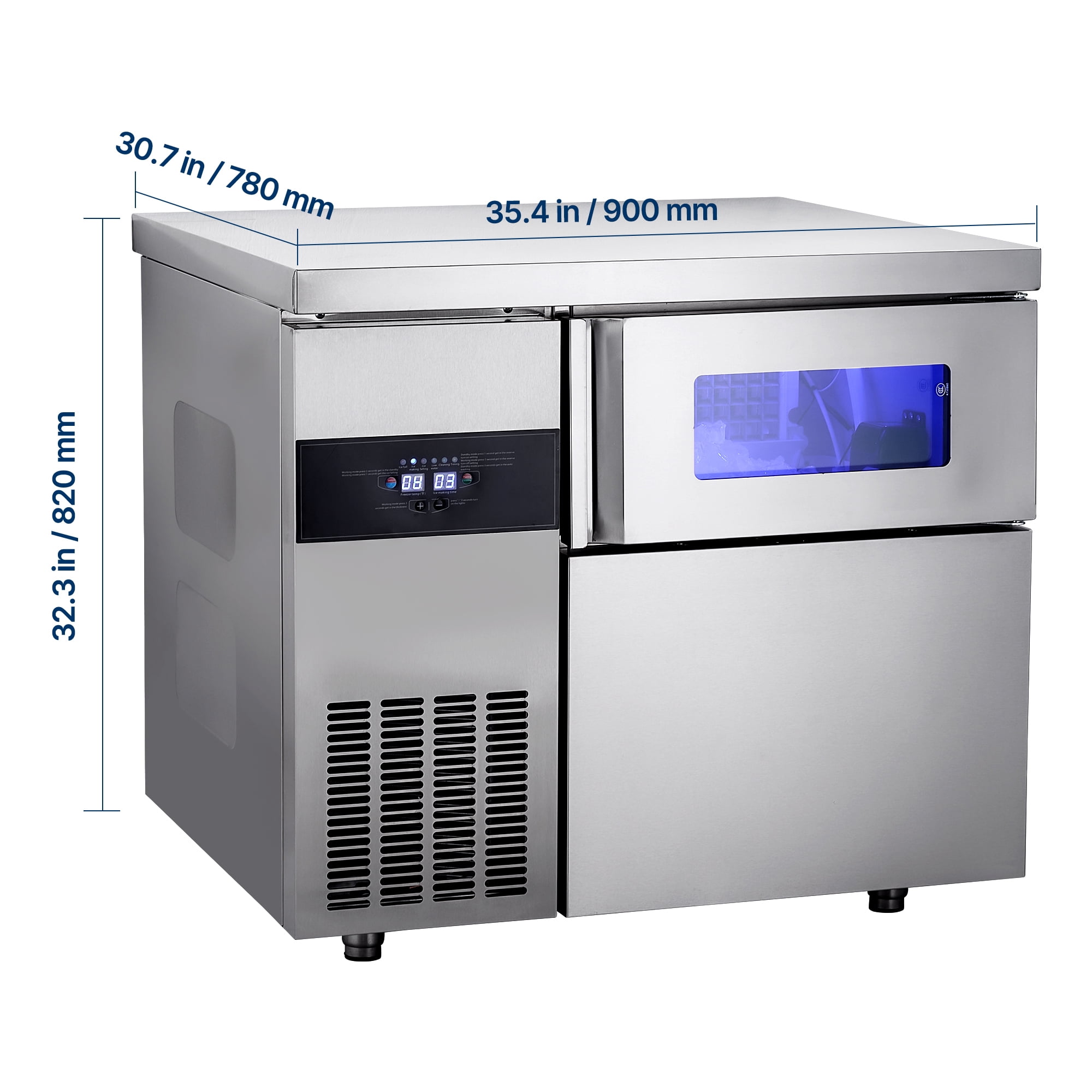 KFFKFF Commercial Ice Maker Machine, 220 lbs/24H Stainless Steel Ice Machine with Countertop, 66 lbs Storage & 108 Cubes per Cycle, Self-Cleaning Freestanding Ice Maker for Home, Bar, Office