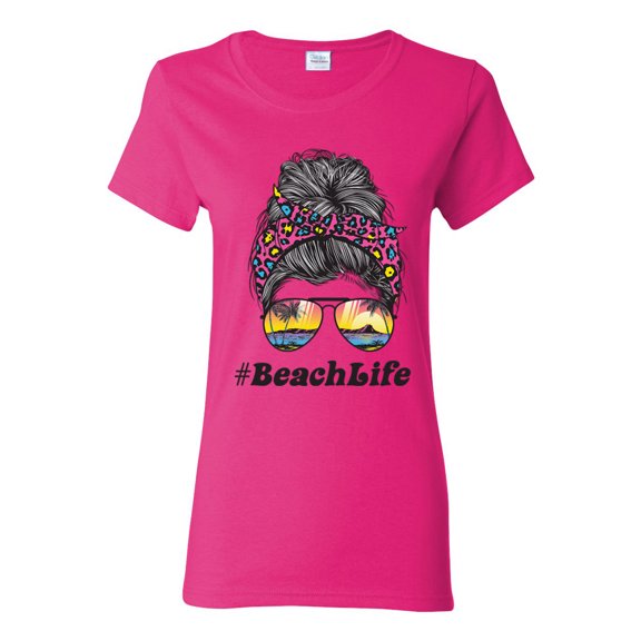 Messy Bun BeachLife | Cool Neon Leopard Print Bandana | Sunglasses Vaction Beach Paradise Fashion Womens T-Shirt, Fuschia, 2XL