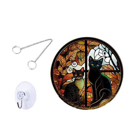 Black Cat Stained Glass Suncatcher, Hand-Painted Window Hanging Decor for Home