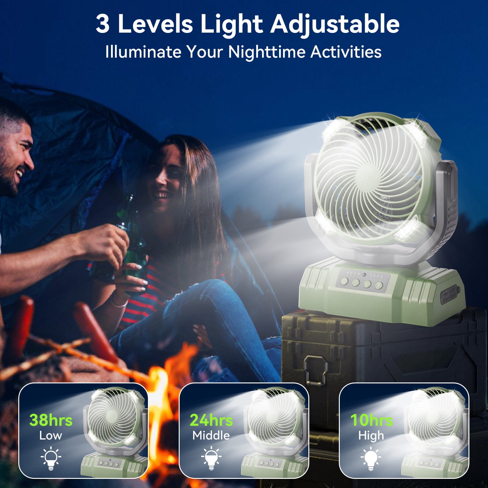 Powered Camping Fan, Portable Rechargeable Tent Fan with 3-Level LED Light, Hanging Hook, Remote Control, 4 Speeds & 4 Timers, Quiet Tent Fan with 10000mAh Battery for Outdoor Travel