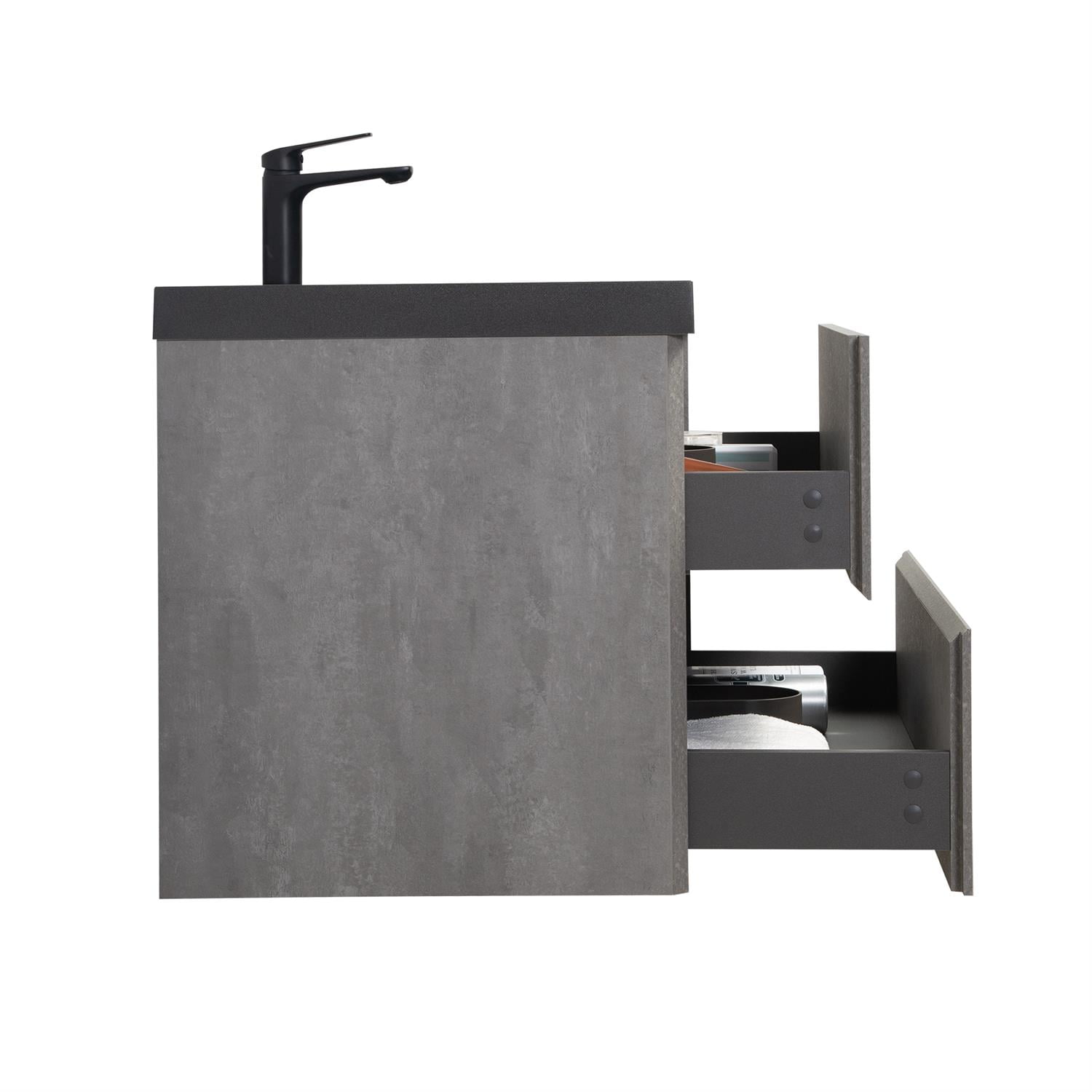 Demi Bonn 35" Floating Bathroom Vanity with Sink, Black Quartz Sand Top Basin and 2 Soft Close Drawers, Faucets and Drains Not Included, Gray