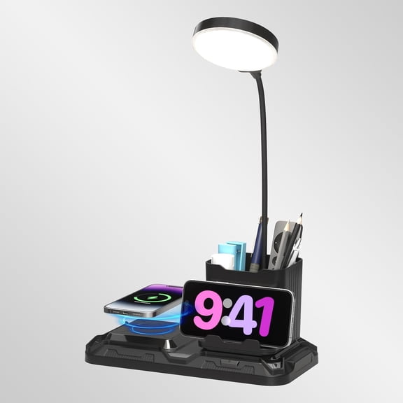 4 in 1 Desk Lamp with Wireless Charger - 360° Rotating Gooseneck Small Table Lamp with Pen Holder & Phone Stand, Adjustable White and Warm Light Dual Mode LED Desk Light for College Dorm Room