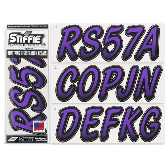 STIFFIE Whipline Purple / Black 3" Alpha-Numeric Identification Custom Kit Registration Numbers & Letters Marine Stickers Decals for Boats & Personal Watercraft PWC