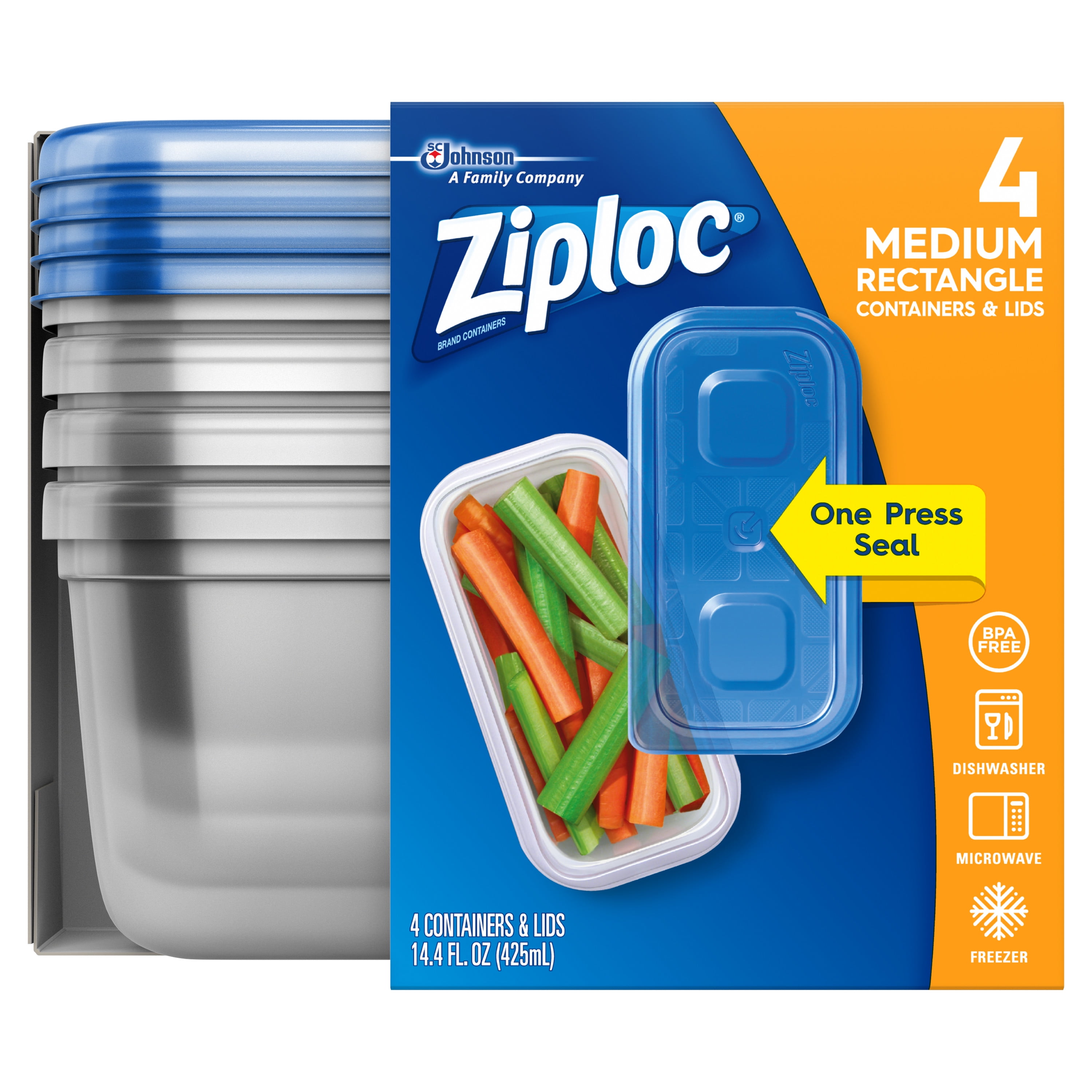 Ziploc Container with One Press Seal, Medium Rectangle, 4 count
