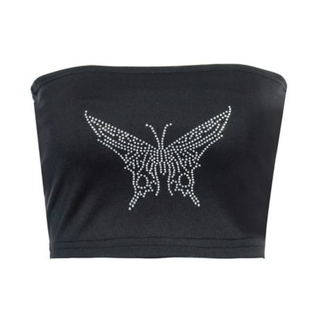 

OOKWE Women Sexy Strapless Bandeau Bra Glitter Butterflies Hot Drilling Rhinestone Wrapped Chest Tube Top Bustier Clubwear