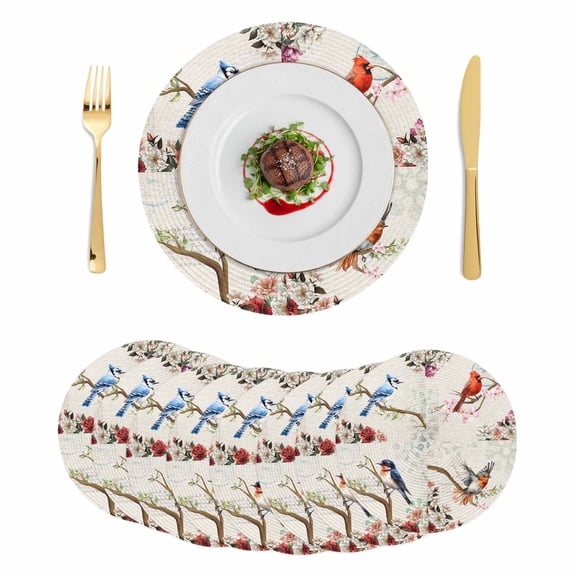 Spring Birds Floral Round 15 Inch Placemats Set of 8, Farmhouse Botanical Burlap HeatResistant Non Slip Place Mats for Dining Table, Wipeable Braided Kitchen Table Mats for Housewarming