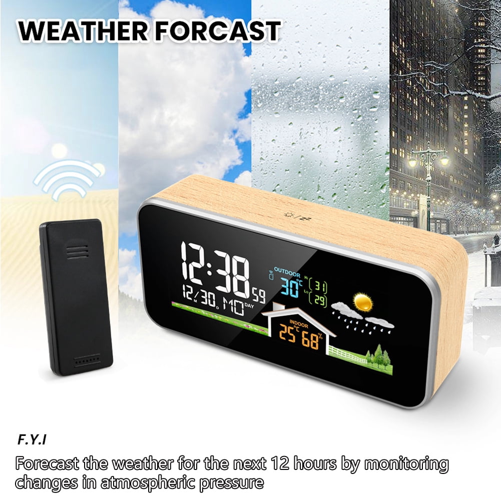 ITIGOITIE Solid Beech Wood Weather Station Alarm Clock with Wireless Outdoor Sensor, Temperature & Humidity Display, USB Powered