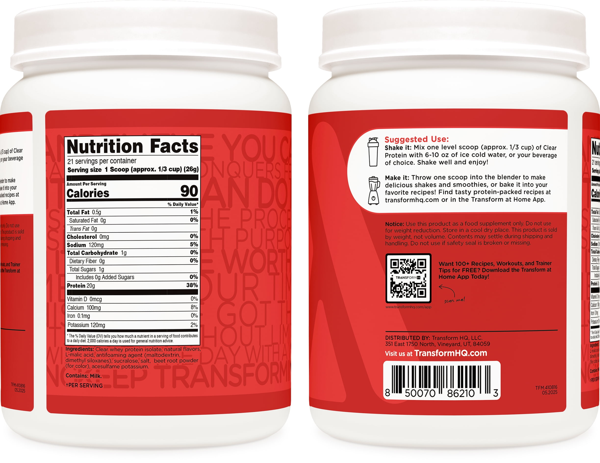 TransformHQ Clear Protein Powder (Fruit Punch) 21 Servings - Whey Protein Isolate, 20g of Protein, 90 Calories, 0g Added Sugars