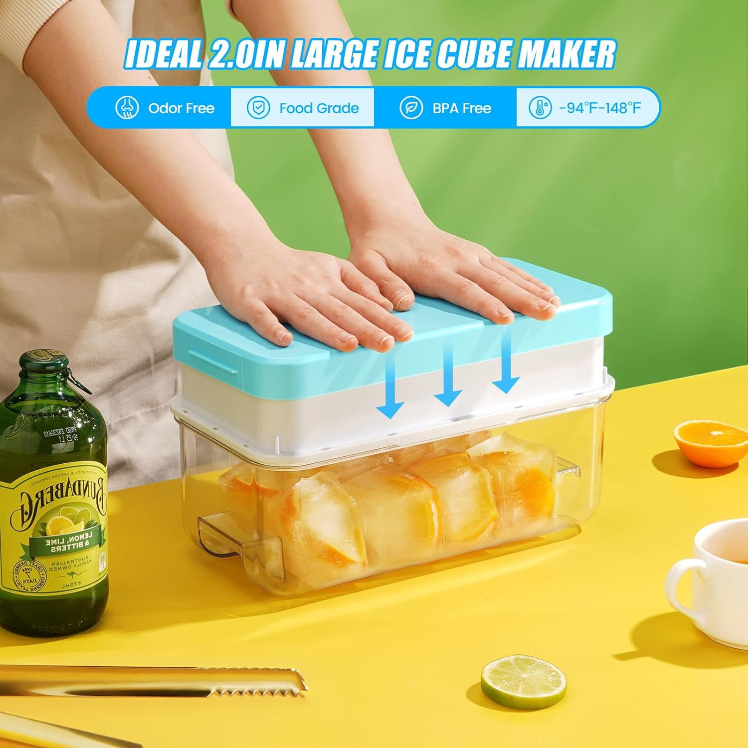Large Ice Cube Tray With Lid and Bin, Ice Trays for Freezer, 2 INCH Whiskey Ice Cubes Mold, 1*8 pcs Square Ice Cube Mold with Tong, Easy to Release, Large Ice Tray for Whiskey Cocktail Bourbon