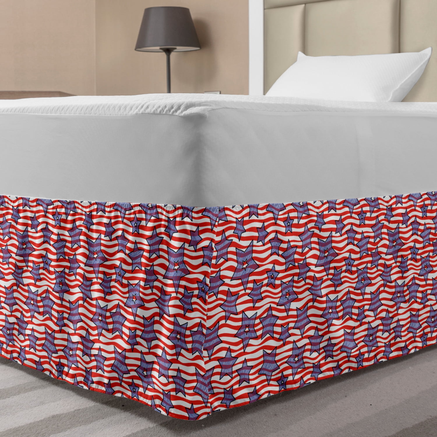 4th of July Bed Skirt, Wavy Stripes of Freedom and Sketch Style Stars