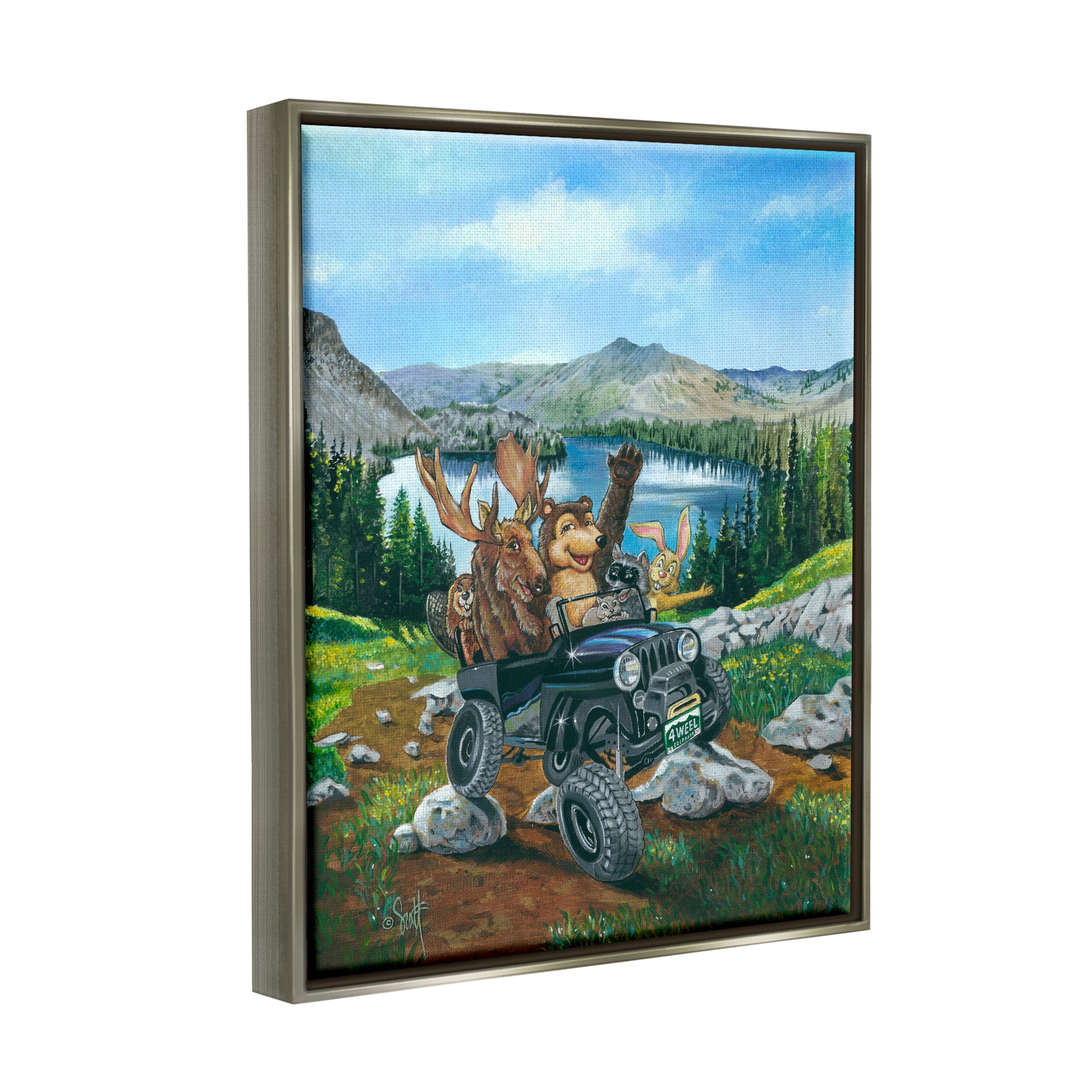 Stupell Industries Woodland Animals Off-Roading Animals & Insects Painting Gray Floater Framed Art Print Wall Art, 25 x 31