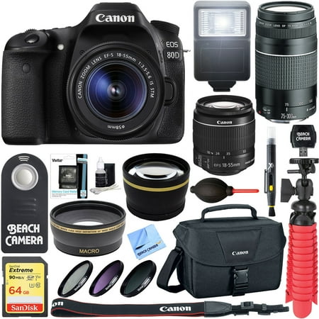 - Canon EOS 80D CMOS DSLR Camera + EF-S 18-55mm IS STM & 75-300mm III Lens Kit + Accessory Bundle 64GB SDXC Memory + SLR Photo Bag + Wide Angle Lens + 2x Telephoto Lens + Flash + Remote + Tripod & More