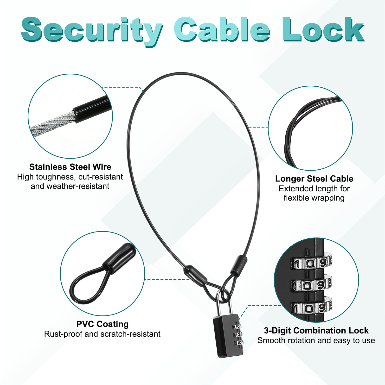 Uxcell Security Cable with 3 Digit Combination Lock, (6.56ft x 3/32", Black)(4Set), Braided Stainless Steel Safety Cable Wire Rope with Double Loop, Suit for Suitcase/Bicycle/Cabinets