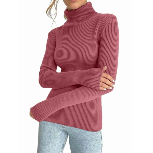 Suéteres Acanalados para Mujer, Lindos Suéteres de Punto de Cuello Alto, Ajustados y Cálidos Rojo Ladrillo un Tamaño