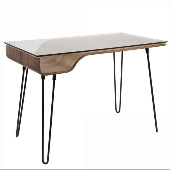 Desks Mid-Century Modern with Walnut Wood, Clear Glass Top & Black Metal Hairpin Legs by LumiSource | Walnut | Wood Glass
