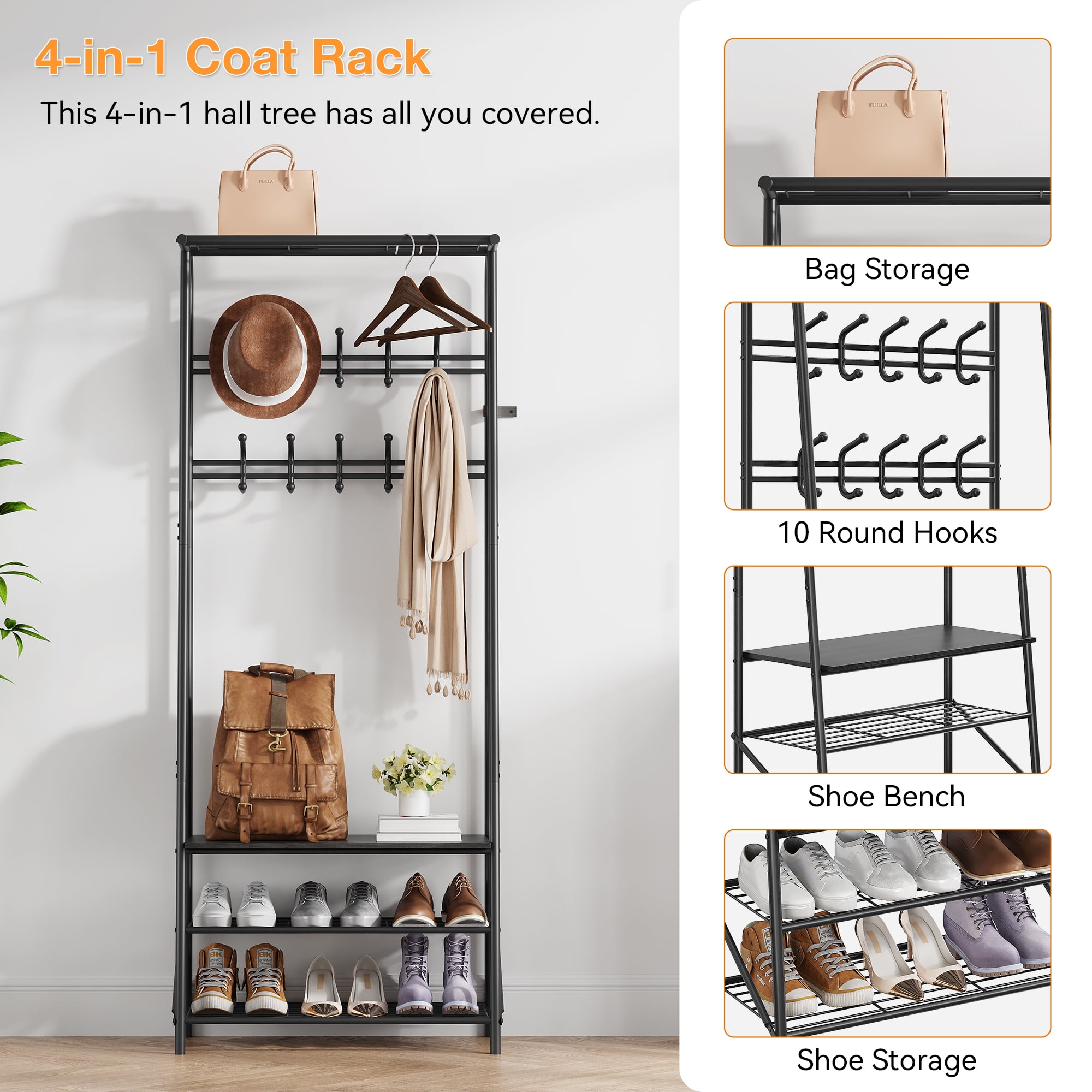 Hall Tree Coat Rack with Shoe Storage Bench – 10 Hooks & Clothes Rail, Wood Look & Metal Frame, Entryway Organizer for Hallway – Black – Double Row Hook, 60cm Width
