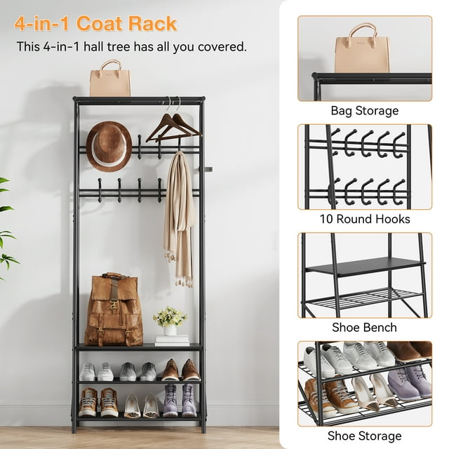EastVita 4-Tier Rack,Hall Tree with Bench and Shoe Storage,with 5 Hooks,Shoe Shelves,Freestanding Coat and Shoe Rack Entryway,4-in-1 Wood Coat Stand,for Entryway,Living Room,Double Row Hook