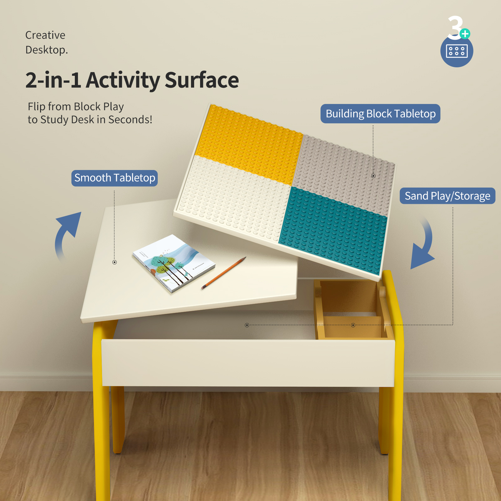 UNICOO® 5-in-1 Kids Sand & Activity Table with Play Sand, Molds & Building Blocks | Sensory Play Table, Study Desk & Storage for Toddlers | Kids Summer Indoor & Outdoor Games (Yellow)
