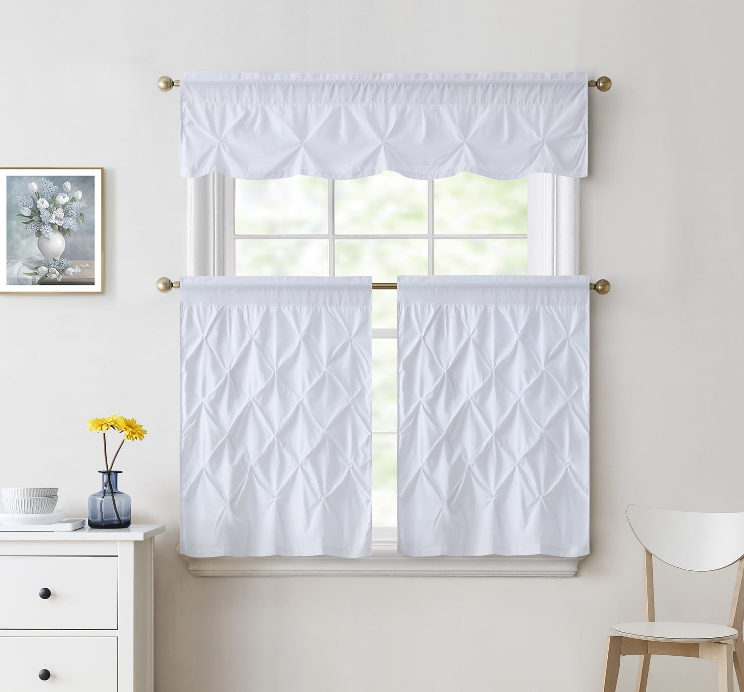 Hudson Pintuck Kitchen Window Curtain 36" Tier Pair and Valance Set