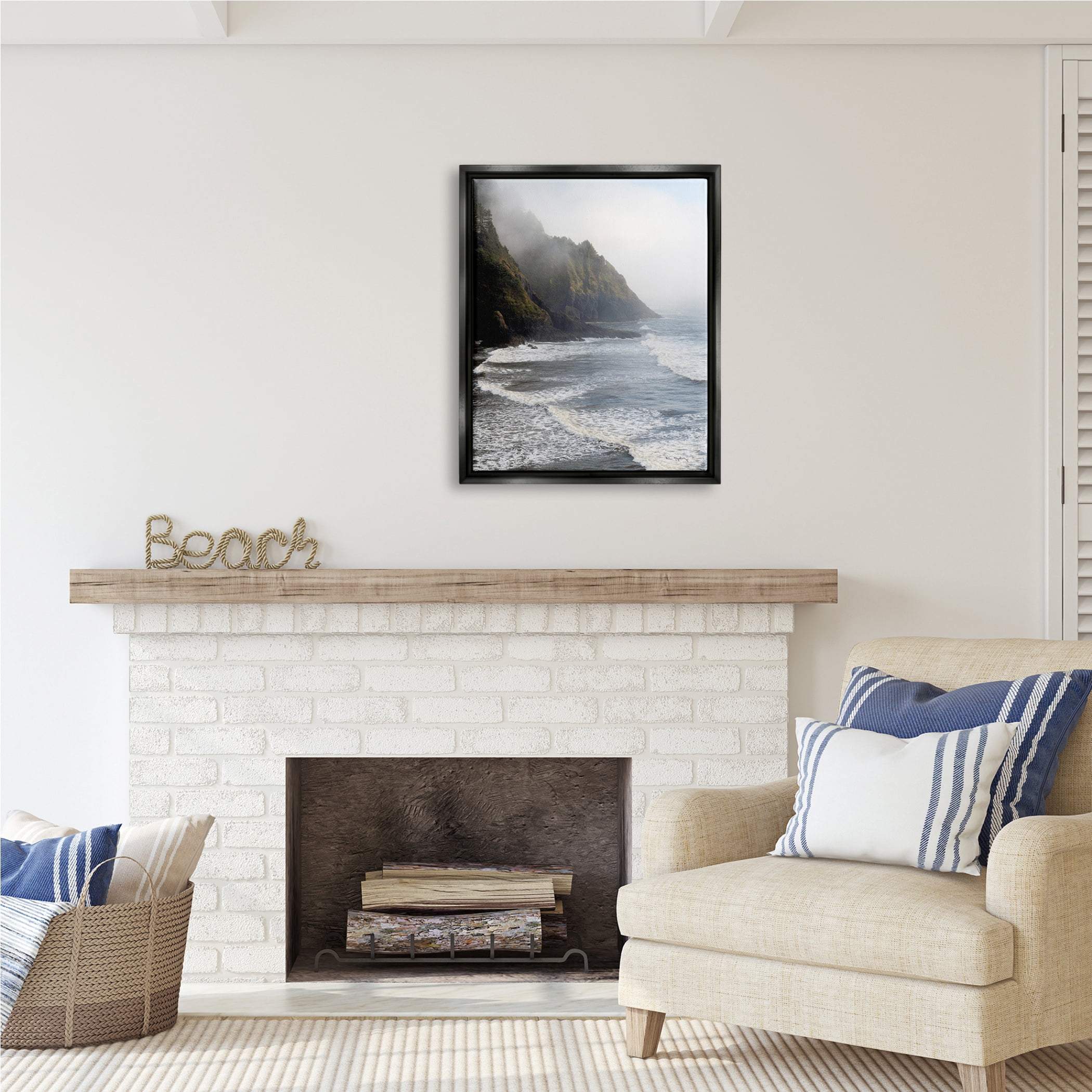Stupell Industries Cliffside Sea Waves Landscape Nature Photography Black Floater Framed Art Print Wall Art, 25 x 31