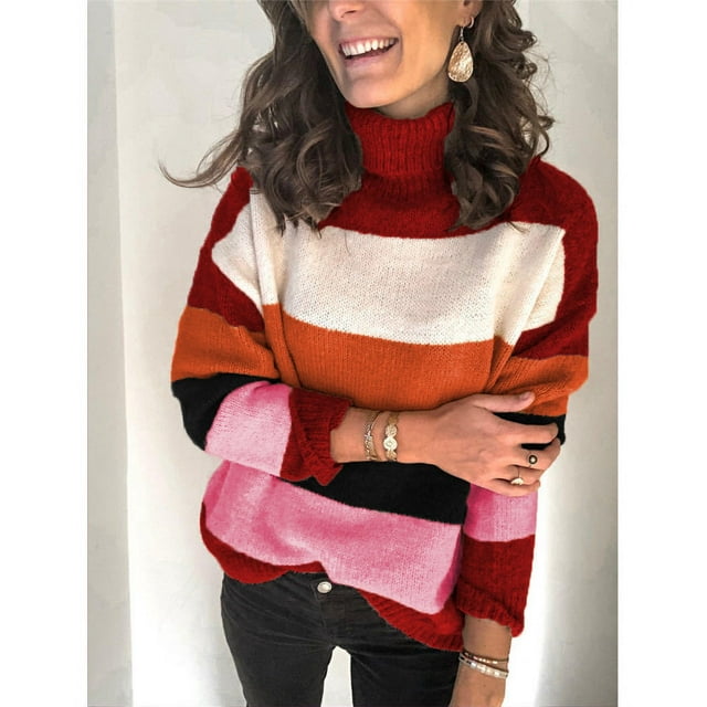 REDHOTYPE Ladies Sweater Knit Pullover Loose Blouse High Neck Plus Size Sweater
