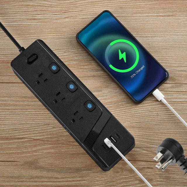 Prise de Spécification Américaine, Multiprise Domestique, Ports Multifonctionnels, 3 Prises AC, USB & Type-C, Protection contre les Surcharges, Cordon de 1,8m, Multiples Certificats de Sécurité, pour Maison/bureau