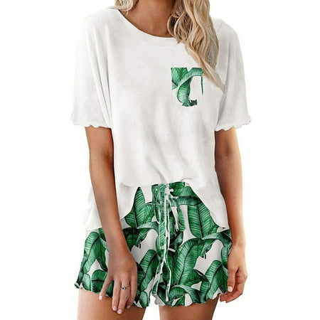 

MIARHB Womens Printed Ruffle Short Pajamas Set Short Sleeve Tops Shorts Loungewear