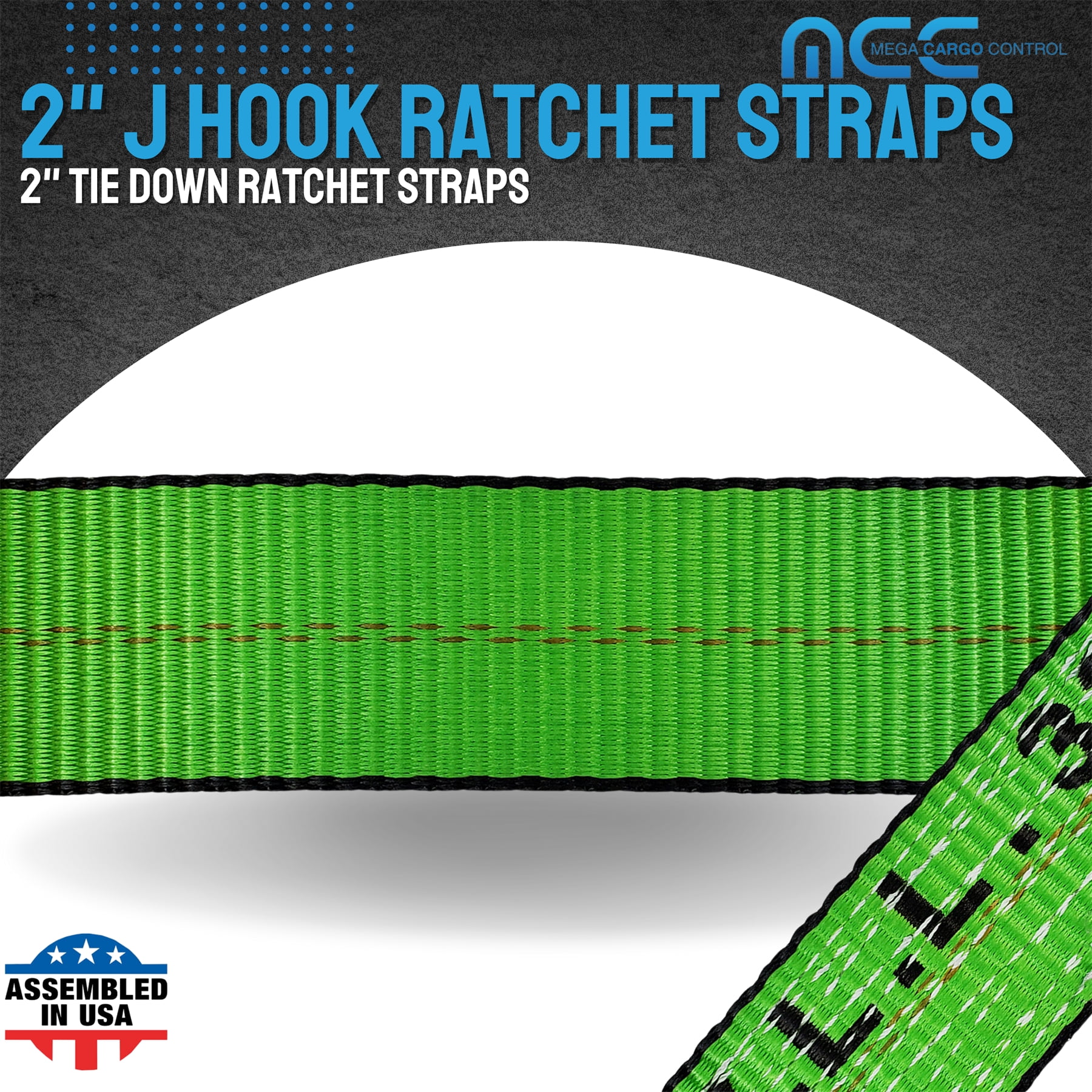 Mega Cargo Control USA Heavy Duty 2" x 60' Ratchet Strap J Hook Flatbed Truck Farm Tie Down 4 Pack