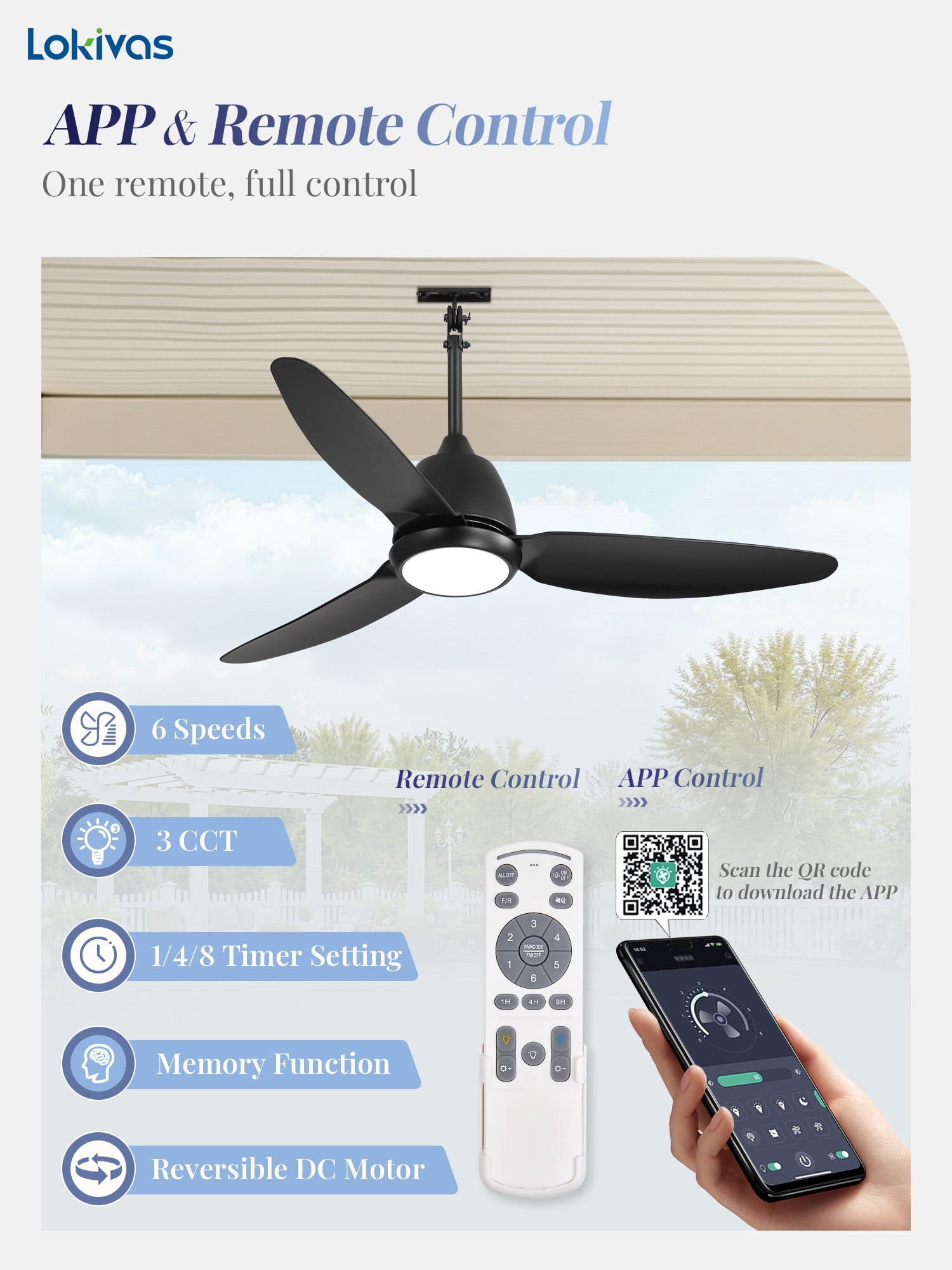 Lokivas 42" Black Waterproof Outdoor Gazebo Ceiling Fan with Light, Quiet 6 Speeds, APP & Remote, IP65 Plug-in DC Motor, Dimmable 3CCT, Hanging Cord for Patio Porch
