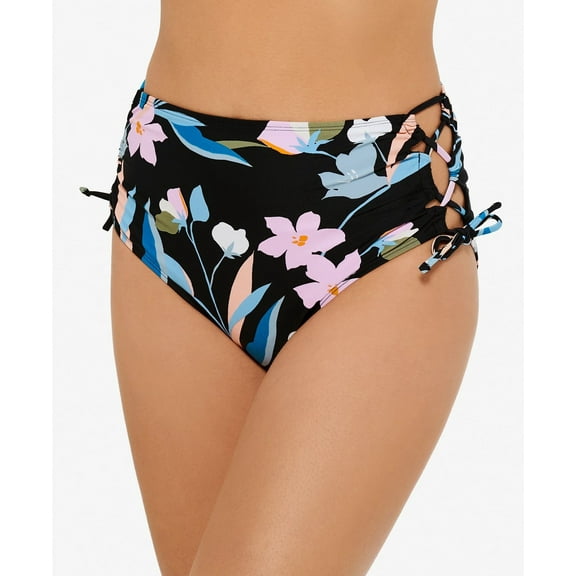 HULA HONEY Women's Black Printed Lined Side Tie Flourishing Floral High Waisted Swimsuit Bottom S