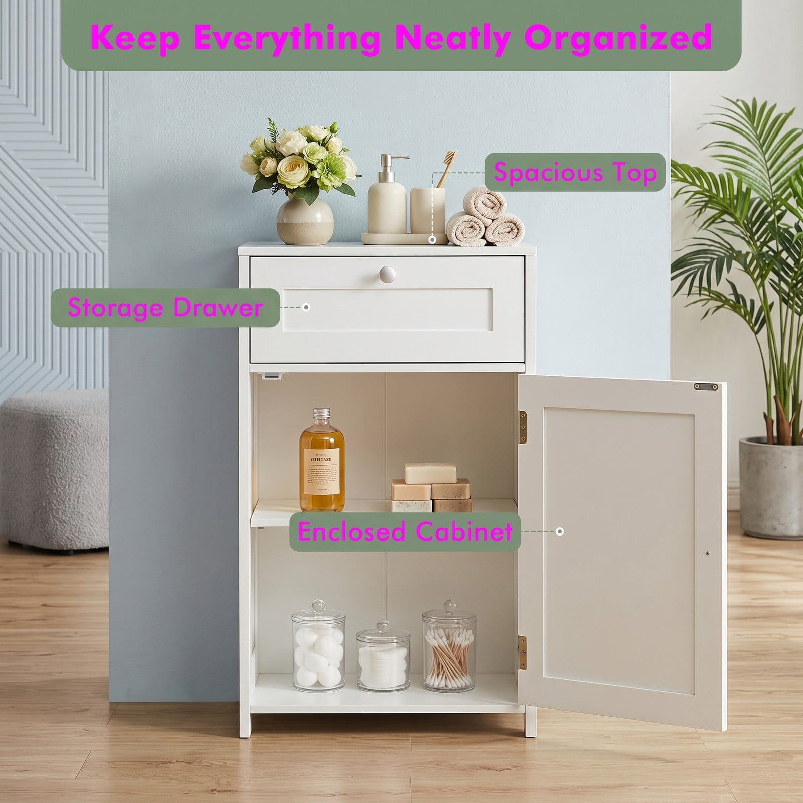 Fenbeli Single Door Bathroom Cabinet with Adjustable Shelf and Drawer, Freestanding Floor Storage Organizer Cabinet for Bathroom, Living Room, Entryway with, White