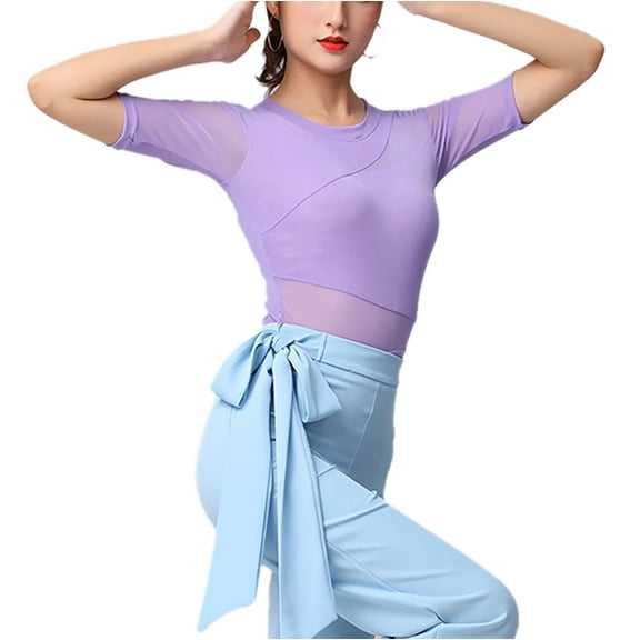 Women Ladies Half Sleeve Mesh Insert Mambo Argentine Tango Dance Body Top Bodysuits Lertard Outfit Elbow Sleeve