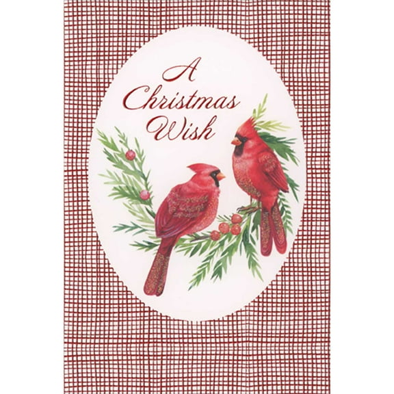 Pictura Two Red Cardinals on Branch Inside Oval Frame and Red Foil Grid Christmas Card