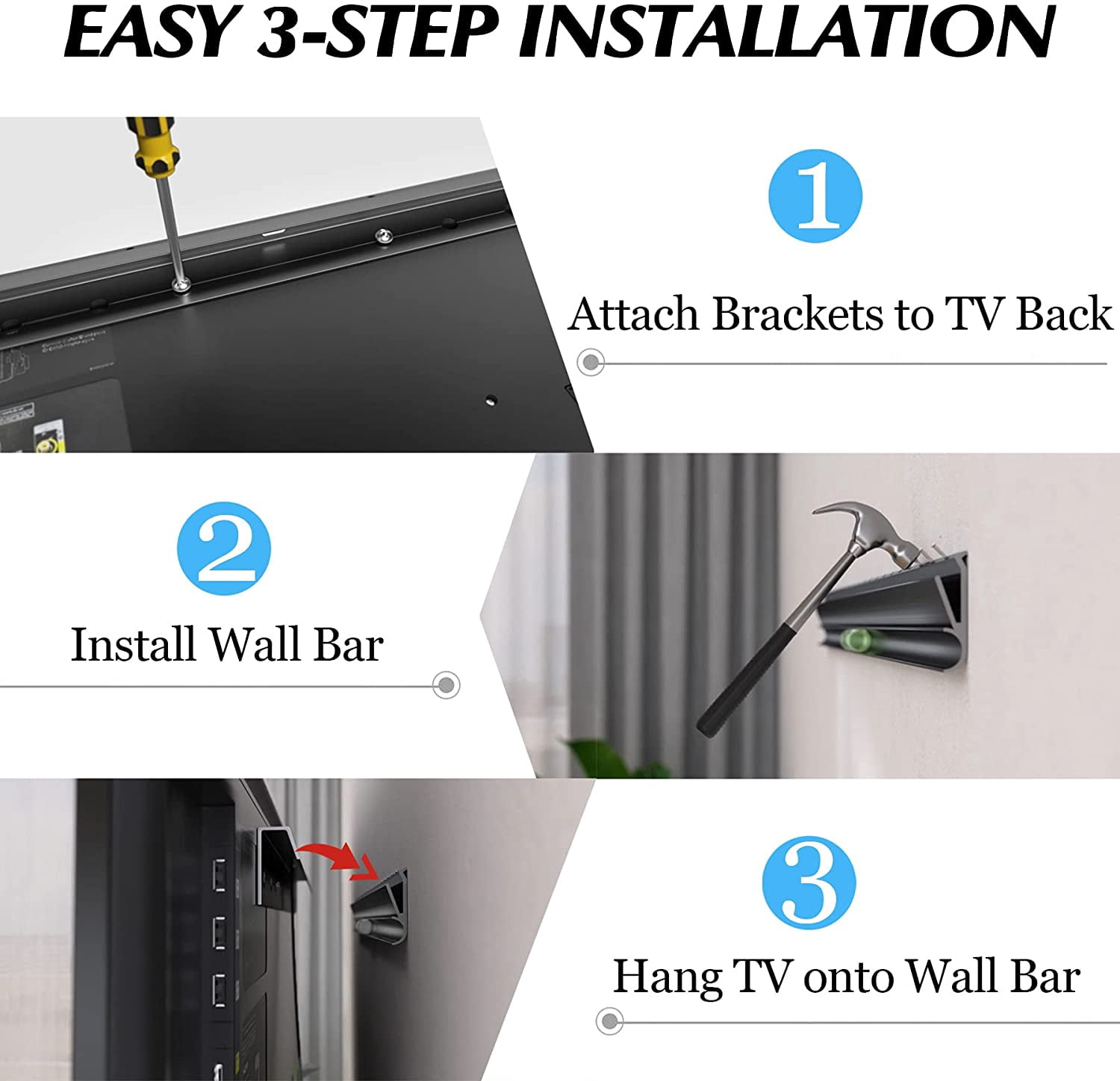 No Stud TV Wall Mount, Drywall Studless TV Hanr No Dama, No Drill, Non Screws, Dry Wall Flat Screen TVs Easy Install Bar Bracket fits VESA 12-55 inch TVs up to 99 lbs, Include Hardware Levels